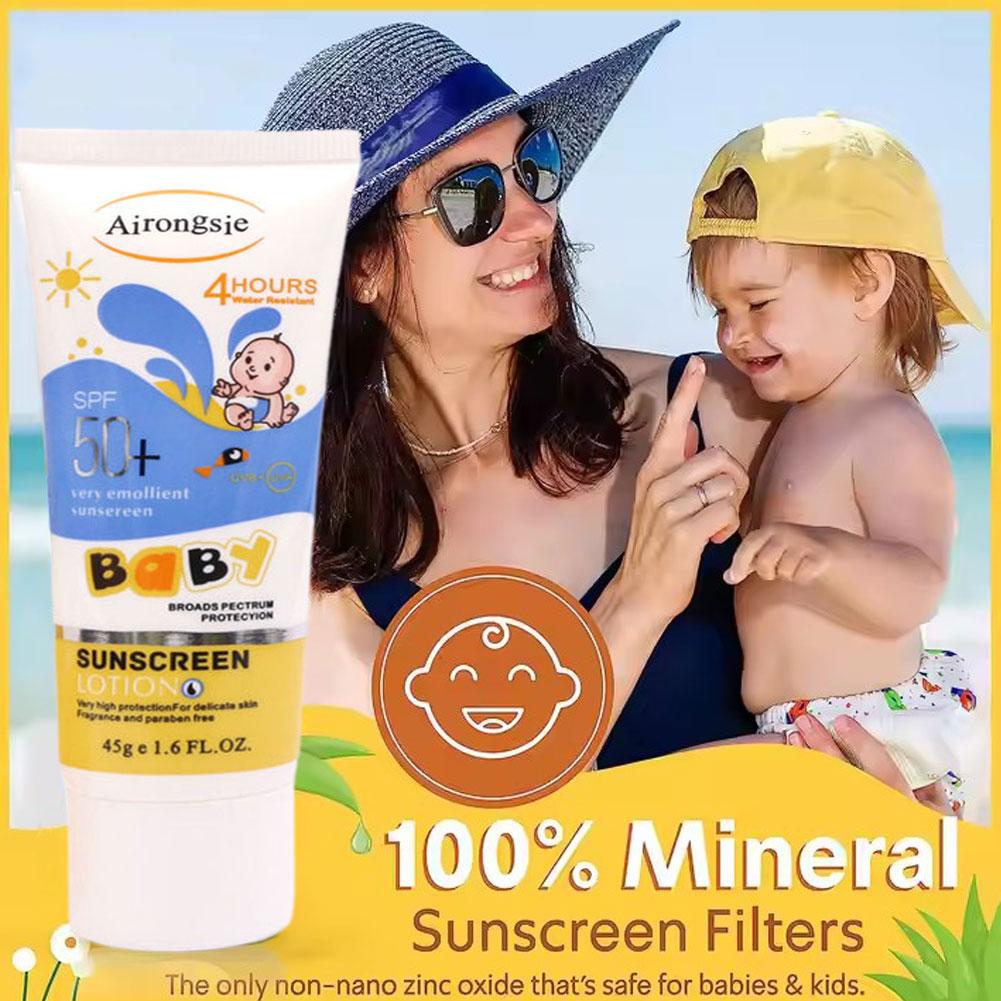 Baby Sunscreen Lotion - แอรอนเจ โลชั่นกันแดดสำหรับเด็ก SPF50+ กันน้ำ ปราศจากน้ำหอม ปกป้องผิวอย่างอ่อนโยนด้วยสารป้องกันแสงแดดแบบ
