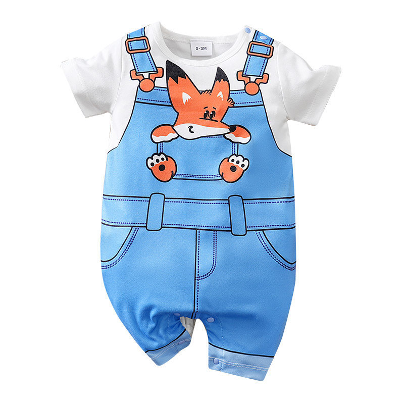 Baby Products On Sale - ทารกแรกเกิดน่ารักการ์ตูนฟ็อกซ์ แฟชั่นเดนิมโอเวอร์ออลส์ รอมเปอร์, ชุดจั๊มสูทฤดูร้อนแขนสั้นสำหรับเด็กทารก 0-18 เดือน