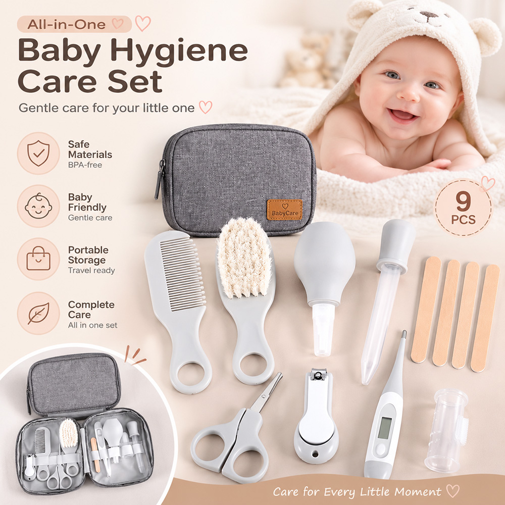 Baby Products Kit Set - ชุดอุปกรณ์ดูแลทารก 9 ชิ้น ชุดดูแลเด็กแรกเกิดพร้อมที่ตัดเล็บ หวี แปรงผม