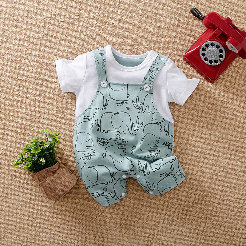 Baby Products On Sale - จั๊มสูททารกแรกเกิดแขนสั้นลายช้างน่ารัก0-12เดือนจั๊มสูทชุดหมีแขนสั้นเด็กแรกเกิดผ้าฝ้ายฤดูร้อน